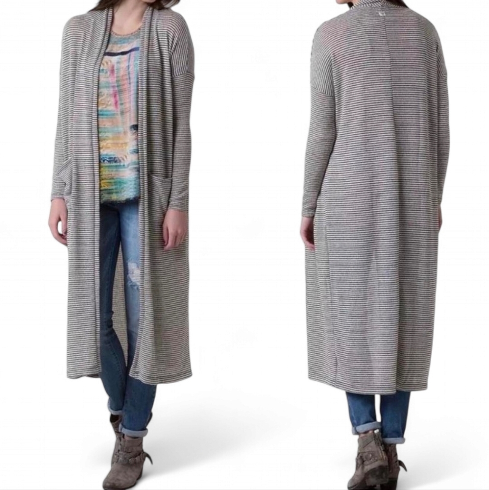 Billabong Long Open-Front Striped Cardigan in Gray and Cream